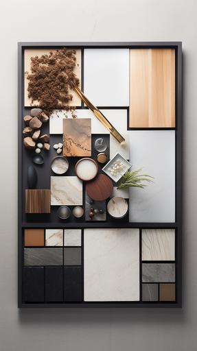 hper realistic photo, top down view, product photograhy, a material moodboard with square swatches placed in a thermo treated teak wood tray, limestone texture, bronze mirror, smoke glass with transparency, matte black metal, shiny silver sample, light grey wall decorative painting, desaturated brushed copper, rifled teak wood, clear glass sample, minimalist atmosphere, cozy soft warm lighting --ar 9:16
