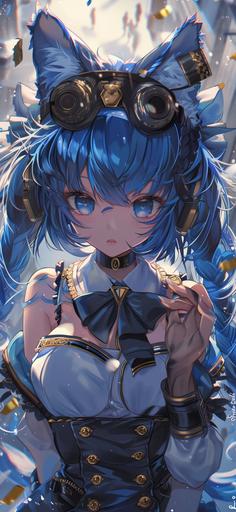 hq fbr anime wallpaper of blue and white earl cat with symphonic headphones, in the style of 2d game art, marine painter, schoolgirl lifestyle, hd mod, realistic portrayal, androgynous, use of bright colors:: hd wallpaper cat anime symphonic style kawaii, in the style of marine painter, uniformly staged images, navy and azure, kitsch and camp charm, portrait, gamercore, pont-aven school:: anime enby child in symphonic headphones, ears by kobayashiya, in the style of navy and azure, 2d game art, handsome, hd mod, pont-aven school, naive charm, marine painter:: an anime enby child in symphonic headphones standing with another girl, in the style of nautical charm, 2d game art, 32k uhd, studyblr, close-up, cute and colorful, handsome --ar 59:128 --v 6.0