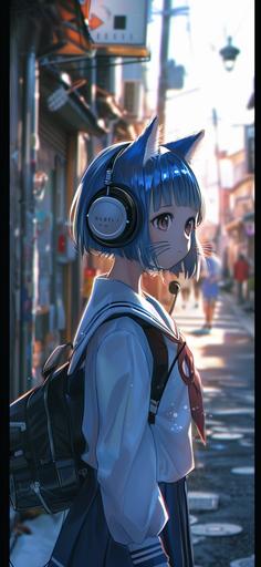 hq fbr anime wallpaper of blue and white earl cat with symphonic headphones, in the style of 2d game art, marine painter, schoolgirl lifestyle, hd mod, realistic portrayal, androgynous, use of bright colors:: hd wallpaper cat anime symphonic style kawaii, in the style of marine painter, uniformly staged images, navy and azure, kitsch and camp charm, portrait, gamercore, pont-aven school:: anime enby child in symphonic headphones, ears by kobayashiya, in the style of navy and azure, 2d game art, handsome, hd mod, pont-aven school, naive charm, marine painter:: an anime enby child in symphonic headphones standing with another girl, in the style of nautical charm, 2d game art, 32k uhd, studyblr, close-up, cute and colorful, handsome --ar 59:128 --v 6.0