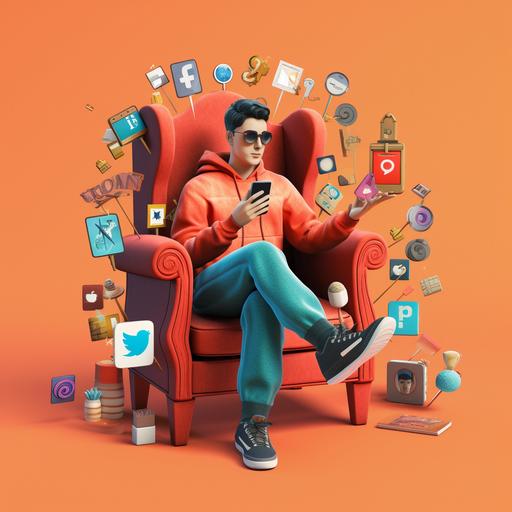 http:// A realistic image of a person sitting holding phone in his hand and social media icons coming out of the phone like facebook, twitter, instagram, thumbs up