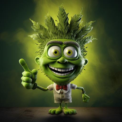 http:// Cartoon weed leaf with legs, hands, eyes, smiling and pointing the finger like Uncle Sam, 3D