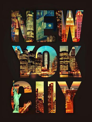 http:// Create a vertical film grain photo-style collage depicting iconic landmarks and scenes from New York City, arranged within the letters of the word 'NEW YORK CITY'. Each letter should feature a different scene: 'N' with the Statue of Liberty, 'E' with the Empire State Building at night, 'W' with Times Square's neon lights, 'O' with the interior of Grand Central Station, 'R' with the Brooklyn Bridge, and 'K' with a view of Manhattan skyline at dusk. The letters should be large and black, set against a contrasting background that makes the images within the letters stand out. The overall mood is vibrant and bustling, capturing the essence of the city, New York city poster, by Jeffrey Reynolds, in the style of photo montage, dynamic lettering, lightbox, snapshots of america, flickr, vibrant collage, high-contrast shading --style raw --ar 3:4