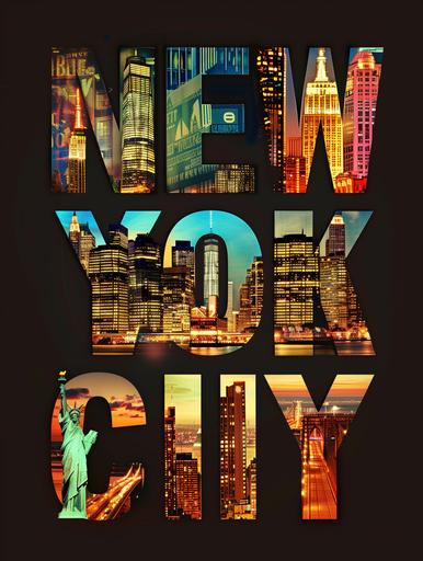 http:// Create a vertical film grain photo-style collage depicting iconic landmarks and scenes from New York City, arranged within the letters of the word 'NEW YORK CITY'. Each letter should feature a different scene: 'N' with the Statue of Liberty, 'E' with the Empire State Building at night, 'W' with Times Square's neon lights, 'O' with the interior of Grand Central Station, 'R' with the Brooklyn Bridge, and 'K' with a view of Manhattan skyline at dusk. The letters should be large and black, set against a contrasting background that makes the images within the letters stand out. The overall mood is vibrant and bustling, capturing the essence of the city, New York city poster, by Jeffrey Reynolds, in the style of photo montage, dynamic lettering, lightbox, snapshots of america, flickr, vibrant collage, high-contrast shading --style raw --ar 3:4 --v 6.0