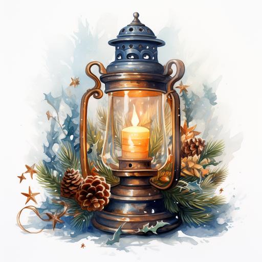 http:// Generate a very cute impressive watercolor Vintage Christmas oil lamp in the style of Renee Morales illustration with a snowflakes wreath,