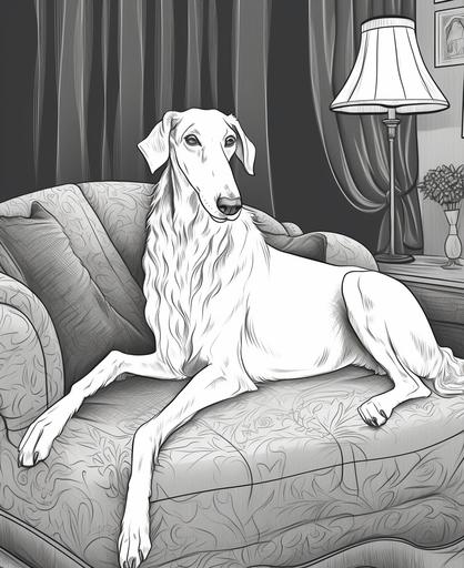 http:// coloring pages for kids, borzoi dog on couch, cartoon style, thick lines, low detail, no shading, --ar 9:11 --v 5