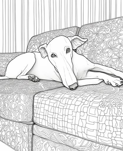 http:// coloring pages for kids, greyhound dog upside down on couch, cartoon style, thick lines, low detail, no shading, --ar 9:11 --v 5