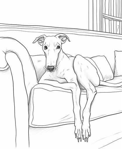 http:// coloring pages for kids, greyhound dog upside down on couch, cartoon style, thick lines, low detail, no shading, --ar 9:11 --v 5