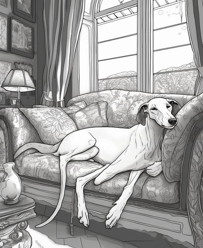 http:// coloring pages for kids, greyhound sleeping on couch, cartoon style, thick lines, low detail, no shading, --ar 9:11 --v 5