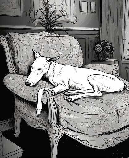 http:// coloring pages for kids, greyhound sleeping on couch, cartoon style, thick lines, low detail, no shading, --ar 9:11 --v 5