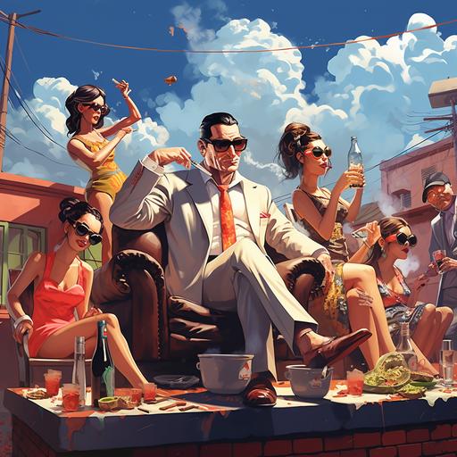 http:// old Colombian mafia boss, drinking , smoking , partying, rooftop, lot of girls, big head cartoon style, sunny day