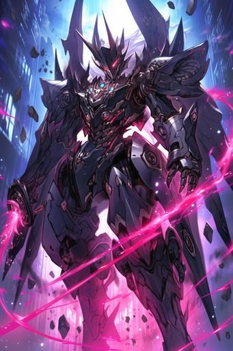 https://  a robot that is flying through the air, pixiv contest winner, shin hanga, fuchsia skin beneath the armor, full card design, demon black blue purple, ultra mega super hyper beautiful, intricate assasin mecha armor, 1/100 obturation speed, aion, ( ( god king of ai art ) ) --niji 5  --s 200 --ar 2:3