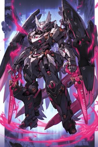 https://  a robot that is flying through the air, pixiv contest winner, shin hanga, fuchsia skin beneath the armor, full card design, demon black blue purple, ultra mega super hyper beautiful, intricate assasin mecha armor, 1/100 obturation speed, aion, ( ( god king of ai art ) ) --niji 5  --s 200 --ar 2:3