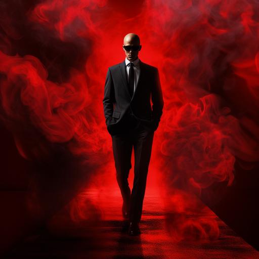 https:// A white Latino with almost no hair, blue eyes, eyeglasses, and black suit. Walking on a hallway with a red carpet and a red and black background with smoke and fire as his shadow