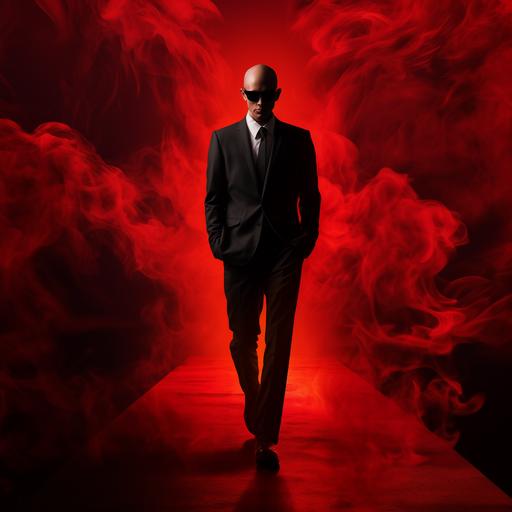 https:// A white Latino with almost no hair, blue eyes, eyeglasses, and black suit. Walking on a hallway with a red carpet and a red and black background with smoke and fire as his shadow