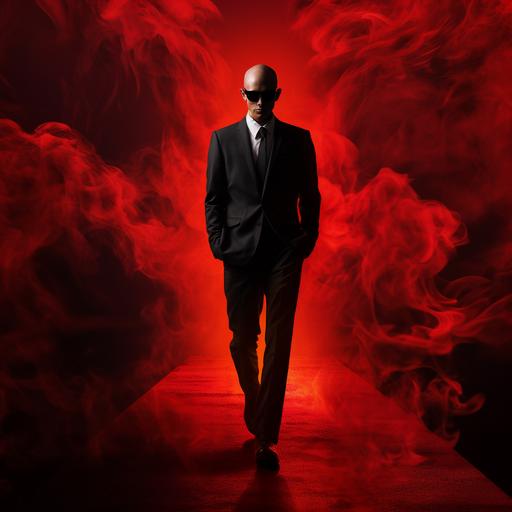 https:// A white Latino with almost no hair, blue eyes, eyeglasses, and black suit. Walking on a hallway with a red carpet and a red and black background with smoke and fire as his shadow