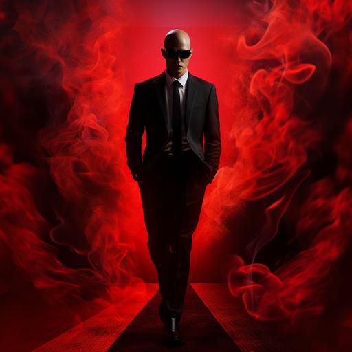 https:// A white Latino with almost no hair, blue eyes, eyeglasses, and black suit. Walking on a hallway with a red carpet and a red and black background with smoke and fire as his shadow