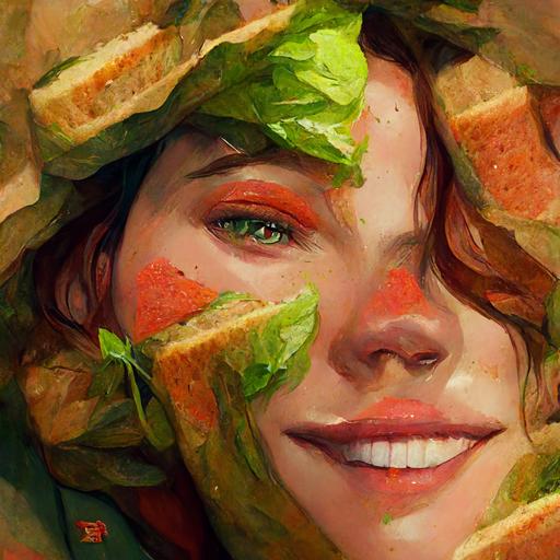 https:// Artstation, Warm Color Palette, woman realistic and smiling face she is in the sandiwchlying with her feet protruding with green colored heeled shoes she is between two slices of bread, a leaf of lettuce, a slice of tomato --w 2048 --h 2048 --v 3 --q 2