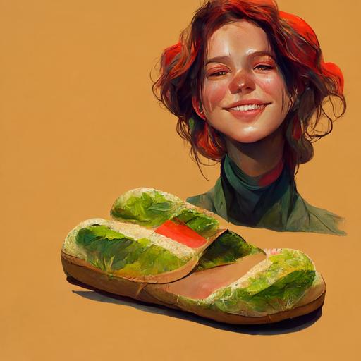 https:// Artstation, Warm Color Palette, woman realistic and smiling face she is in the sandiwchlying with her feet protruding with green colored heeled shoes she is between two slices of bread, a leaf of lettuce, a slice of tomato --w 2048 --h 2048 --v 3 --q 2