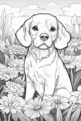 https:// Brittany Spaniel, coloring page for kids ages 12, no color, simple outline and shapes, clean and simple line art, flat vector, coloring page black and white, realistic style, thick lines, low details, flowers background, no shading --ar 2:3