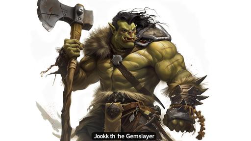 https:// Character pose of an Alien Orc Warrior Chieftain with his axe on his shoulder. he has a smushed in Pig-like nose, a plump yet strong physique, a shoulder pad on his left shoulder, a fur loin cloth, fur collar, spikey boots, yellowish green skin, long black unkempt hair, battle scars all over his body, a brand on his left chest and wields a big axe. the text 
