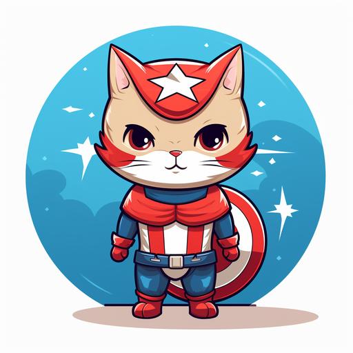https:// Create a cartoon-style image of a superhero cat, inspired by Captain America. The cat should be wearing a costume similar to Captain America's, featuring a vibrant blue suit with red and white accents, and a star emblem on the chest. Include a small, cat-sized circular shield with the iconic star and stripes design. The cat should pose heroically, perhaps standing proudly or leaping into action. The background can be a cityscape or a scene that suggests heroism and adventure. Focus on bold, bright colors and a playful yet valiant atmosphere, capturing the essence of Captain America in a charming, cartoon cat form.