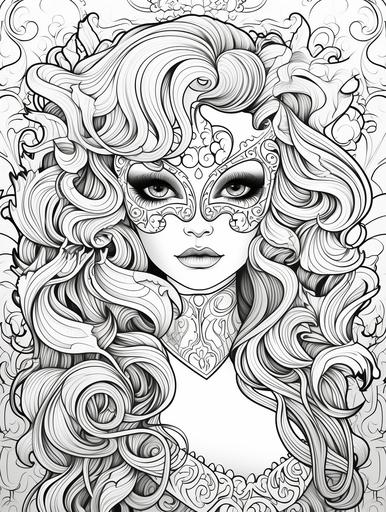 https:// Mask Princess, adult coloring book page, simple and clean line art, black and white, crisp black lines, sharp lines, no shading, long curly hair Background: Imagine an opulent and mysterious masquerade ballroom, filled with elaborate masks, rich fabrics, and the soft glow of candlelight. The air is filled with an aura of intrigue and enchantment. Amidst this grand setting, the Mask Princess makes her captivating appearance, her mask concealing her identity as she navigates the masked world of secrets and elegance. Mask Princess: The Mask Princess is the epitome of masked elegance and hidden allure. Her eyes, enigmatic and entrancing, could be a deep and captivating shade of mystery, hinting at the secrets she conceals behind her mask. Attire: From the waist up, her attire should seamlessly blend with the masked ball theme, featuring luxurious fabrics, intricate lace, and patterns reminiscent of Venetian masks or masquerade motifs. Her gown might drape in a way that hints at the elegance of a ballroom dance. Facial Features: Her face, with a sense of concealed emotion, carries an air of mystery and anticipation. Her hair, possibly adorned with elegant pins or jewels, cascades with a sense of hidden allure, partially concealed by her mask. Accessories: A masquerade mask, ornate and intriguing, should cover the upper part of her face, giving her an air of enchantment. Her necklace or choker might feature a hidden locket or a subtle emblem, adding to the sense of secrecy. Her tiara or headpiece, if present, should complement the masquerade theme with intricate designs. Details: Engage colorists with the intricate details of the Mask Princess's attire, especially the mask, which should be a focal point. Let the design capture the elegance, mystique, and allure [...]