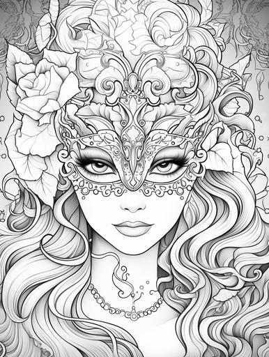 https:// Mask Princess, adult coloring book page, simple and clean line art, black and white, crisp black lines, sharp lines, no shading, long curly hair Background: Imagine an opulent and mysterious masquerade ballroom, filled with elaborate masks, rich fabrics, and the soft glow of candlelight. The air is filled with an aura of intrigue and enchantment. Amidst this grand setting, the Mask Princess makes her captivating appearance, her mask concealing her identity as she navigates the masked world of secrets and elegance. Mask Princess: The Mask Princess is the epitome of masked elegance and hidden allure. Her eyes, enigmatic and entrancing, could be a deep and captivating shade of mystery, hinting at the secrets she conceals behind her mask. Attire: From the waist up, her attire should seamlessly blend with the masked ball theme, featuring luxurious fabrics, intricate lace, and patterns reminiscent of Venetian masks or masquerade motifs. Her gown might drape in a way that hints at the elegance of a ballroom dance. Facial Features: Her face, with a sense of concealed emotion, carries an air of mystery and anticipation. Her hair, possibly adorned with elegant pins or jewels, cascades with a sense of hidden allure, partially concealed by her mask. Accessories: A masquerade mask, ornate and intriguing, should cover the upper part of her face, giving her an air of enchantment. Her necklace or choker might feature a hidden locket or a subtle emblem, adding to the sense of secrecy. Her tiara or headpiece, if present, should complement the masquerade theme with intricate designs. Details: Engage colorists with the intricate details of the Mask Princess's attire, especially the mask, which should be a focal point. Let the design capture the elegance, mystique, and allure [...]