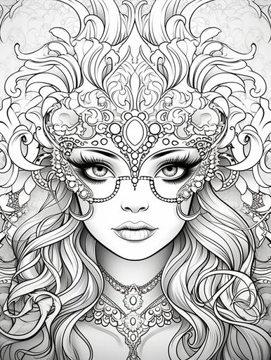 https:// Mask Princess, adult coloring book page, simple and clean line art, black and white, crisp black lines, sharp lines, no shading, long curly hair Background: Imagine an opulent and mysterious masquerade ballroom, filled with elaborate masks, rich fabrics, and the soft glow of candlelight. The air is filled with an aura of intrigue and enchantment. Amidst this grand setting, the Mask Princess makes her captivating appearance, her mask concealing her identity as she navigates the masked world of secrets and elegance. Mask Princess: The Mask Princess is the epitome of masked elegance and hidden allure. Her eyes, enigmatic and entrancing, could be a deep and captivating shade of mystery, hinting at the secrets she conceals behind her mask. Attire: From the waist up, her attire should seamlessly blend with the masked ball theme, featuring luxurious fabrics, intricate lace, and patterns reminiscent of Venetian masks or masquerade motifs. Her gown might drape in a way that hints at the elegance of a ballroom dance. Facial Features: Her face, with a sense of concealed emotion, carries an air of mystery and anticipation. Her hair, possibly adorned with elegant pins or jewels, cascades with a sense of hidden allure, partially concealed by her mask. Accessories: A masquerade mask, ornate and intriguing, should cover the upper part of her face, giving her an air of enchantment. Her necklace or choker might feature a hidden locket or a subtle emblem, adding to the sense of secrecy. Her tiara or headpiece, if present, should complement the masquerade theme with intricate designs. Details: Engage colorists with the intricate details of the Mask Princess's attire, especially the mask, which should be a focal point. Let the design capture the elegance, mystique, and allure [...]