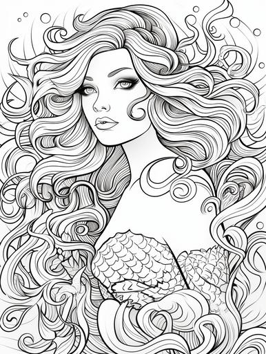 https:// Mermaid Princess, adult coloring book page, simple and clean line art, black and white, crisp black lines, sharp lines, no shading, long curly hair --ar 3:4