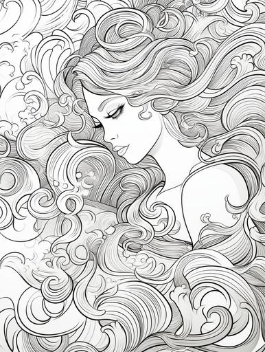 https:// Ocean Wave Princess, adult coloring book page, simple and clean line art, black and white, crisp black lines, sharp lines, no shading, long curly hair, Background: Paint the scene with the vast, boundless ocean horizon. Glimpses of foamy waves, distant islands, or even playful dolphins can add depth to the backdrop. Subtle, swirling patterns suggesting the gentle ebb and flow of tides could embrace the Ocean Wave Princess, binding her to her watery domain. Ocean Wave Princess: As the spirit of the waves, the Ocean Wave Princess embodies the fluidity, power, and grace of the sea. Her eyes are deep and mysterious, mirroring the colors and depth of the ocean, with emotions that range from the calm of a placid sea to the ferocity of a tempest. Attire: Her upper attire could be made of shimmering scales or adorned with seashells, pearls, and marine motifs. Soft, flowing fabrics that mimic the undulating rhythm of the waves can accentuate her connection to the sea. Facial Features: Her face, kissed by the sea spray, should radiate the glow of the ocean sun. Her hair, possibly blue or aquamarine, might seem to flow and cascade like waves themselves, adorned with marine treasures like starfish, corals, or even seaweed. Accessories: A necklace or choker, possibly made of pearls or coral, can sit gracefully on her neck. Her crown or tiara might be crafted from shells, seaweed, or even the froth of waves, highlighting her royal stature in the oceanic realm. Details: Engage colorists with textures that evoke the essence of the ocean - the sheen of wet sand, the sparkle of sunlit water, or the delicate patterns of coral reefs. As they color, they should feel the rhythmic dance of waves and the embrace of the deep blue sea. Overall Feel: The final artwork should [...]