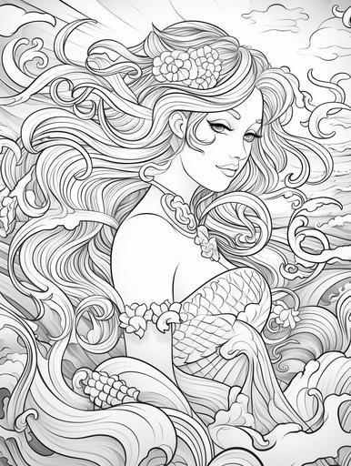 https:// Ocean Wave Princess, adult coloring book page, simple and clean line art, black and white, crisp black lines, sharp lines, no shading, long curly hair, Background: Paint the scene with the vast, boundless ocean horizon. Glimpses of foamy waves, distant islands, or even playful dolphins can add depth to the backdrop. Subtle, swirling patterns suggesting the gentle ebb and flow of tides could embrace the Ocean Wave Princess, binding her to her watery domain. Ocean Wave Princess: As the spirit of the waves, the Ocean Wave Princess embodies the fluidity, power, and grace of the sea. Her eyes are deep and mysterious, mirroring the colors and depth of the ocean, with emotions that range from the calm of a placid sea to the ferocity of a tempest. Attire: Her upper attire could be made of shimmering scales or adorned with seashells, pearls, and marine motifs. Soft, flowing fabrics that mimic the undulating rhythm of the waves can accentuate her connection to the sea. Facial Features: Her face, kissed by the sea spray, should radiate the glow of the ocean sun. Her hair, possibly blue or aquamarine, might seem to flow and cascade like waves themselves, adorned with marine treasures like starfish, corals, or even seaweed. Accessories: A necklace or choker, possibly made of pearls or coral, can sit gracefully on her neck. Her crown or tiara might be crafted from shells, seaweed, or even the froth of waves, highlighting her royal stature in the oceanic realm. Details: Engage colorists with textures that evoke the essence of the ocean - the sheen of wet sand, the sparkle of sunlit water, or the delicate patterns of coral reefs. As they color, they should feel the rhythmic dance of waves and the embrace of the deep blue sea. Overall Feel: The final artwork should [...]