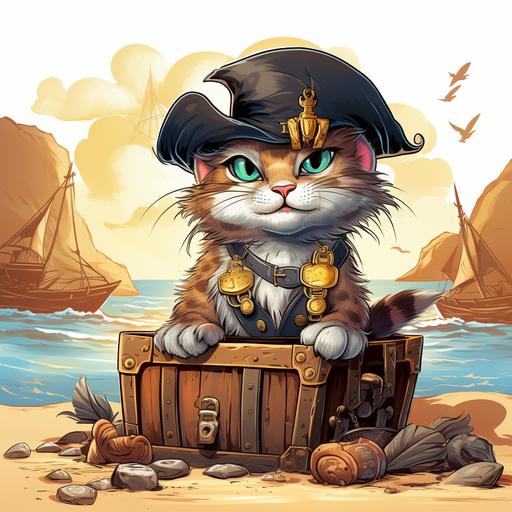 https:// Pirate Cat A cat with an eye patch and a pirate hat, sitting on a treasure chest on a deserted island cartoon style