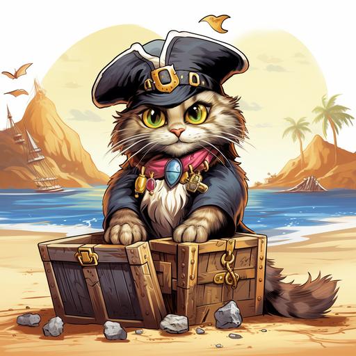 https:// Pirate Cat A cat with an eye patch and a pirate hat, sitting on a treasure chest on a deserted island cartoon style