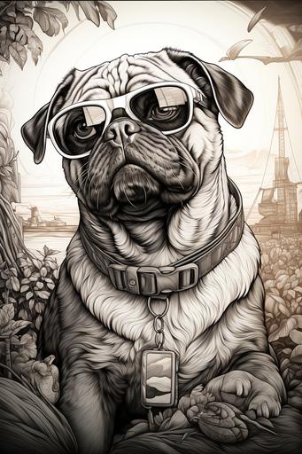 https:// Pug with Sunglasses, coloring page, comic book style, white background --ar 2:3 --s 750 --v 5.2