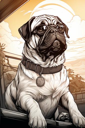 https:// Pug with Sunglasses, coloring page, comic book style, white background --ar 2:3 --s 750 --v 5.2