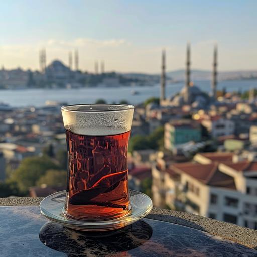 https:// Stirring tea in a thin glass, with today's view of Istanbul behind it.