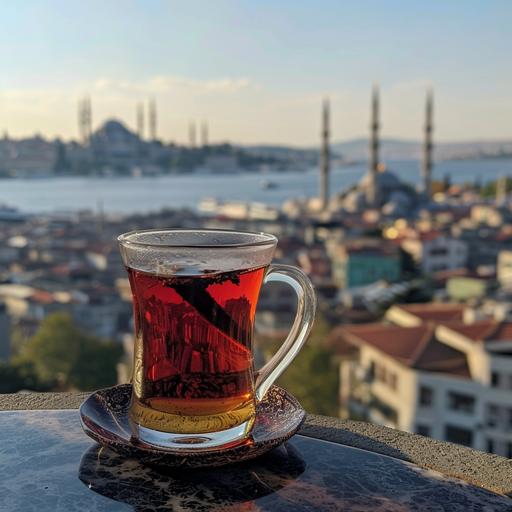 https:// Stirring tea in a thin glass, with today's view of Istanbul behind it. --v 6.0