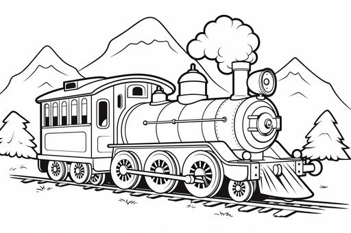 https:// Train, coloring book for toddler, cartoon style, black and white, clear defined lines and line border, white background --ar 3:2