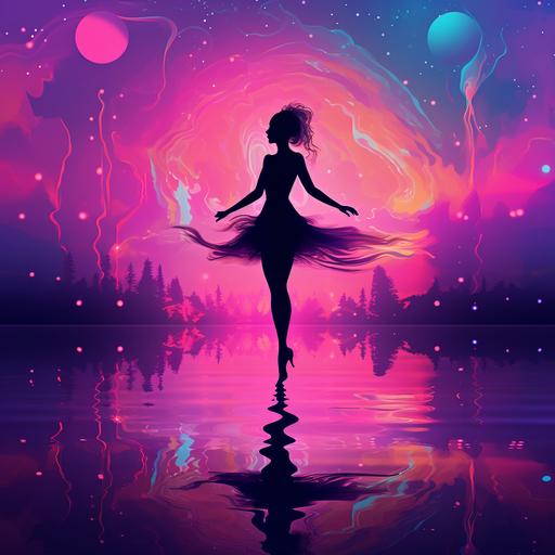 https:// a ballet dancer, silhouette, in a psychedelic world, dancing in alien water, neon water, purple moonlight. Vibrant retro colors, cartoon style art