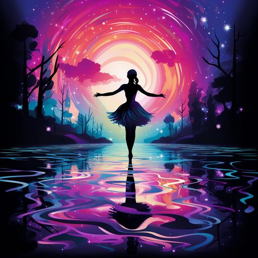 https:// a ballet dancer, silhouette, in a psychedelic world, dancing in alien water, neon water, purple moonlight. Vibrant retro colors, cartoon style art