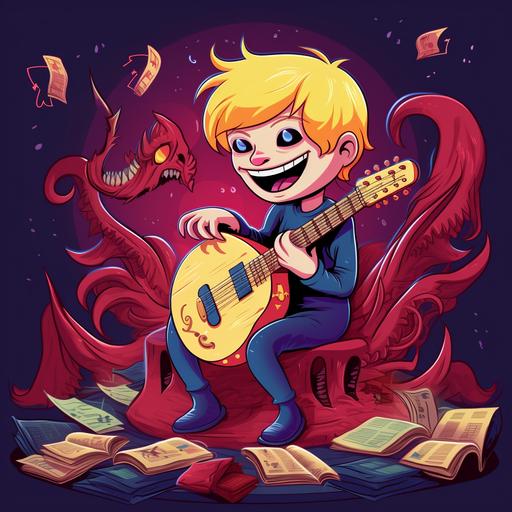 https:// a blonde haired musical kid playing the harp, happy, quarter notes, eighth notes in the air. a demonic red and purple beast in back of him, evil. cartoon style art, retro colors, mulitcolored retro art