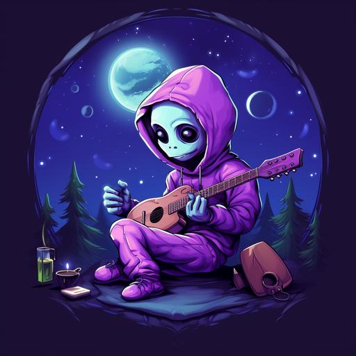 https:// a chill purple alien relaxing playing the guitar, purple alien in a purple hoodie, smoking. cartoon style art, retro colors