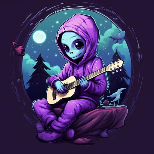 https:// a chill purple alien relaxing playing the guitar, purple alien in a purple hoodie, smoking. cartoon style art, retro colors