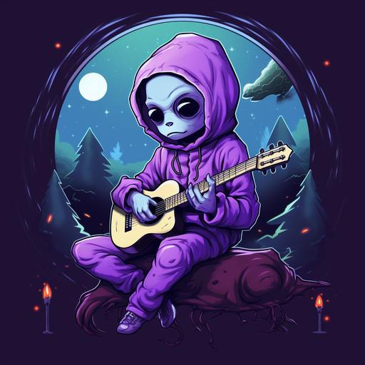 https:// a chill purple alien relaxing playing the guitar, purple alien in a purple hoodie, smoking. cartoon style art, retro colors