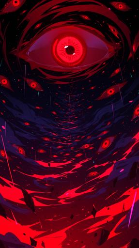 https:// a comic style of a mandela effect showcasing red aura shakra’s connected to a line of wolf eyes in the middle of a red spiraling galaxy --ar 9:16 --niji 6 --s 300