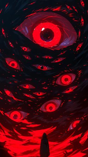 https:// a comic style of a mandela effect showcasing red aura shakra’s connected to a line of wolf eyes in the middle of a red spiraling galaxy --ar 9:16 --niji 6 --s 300