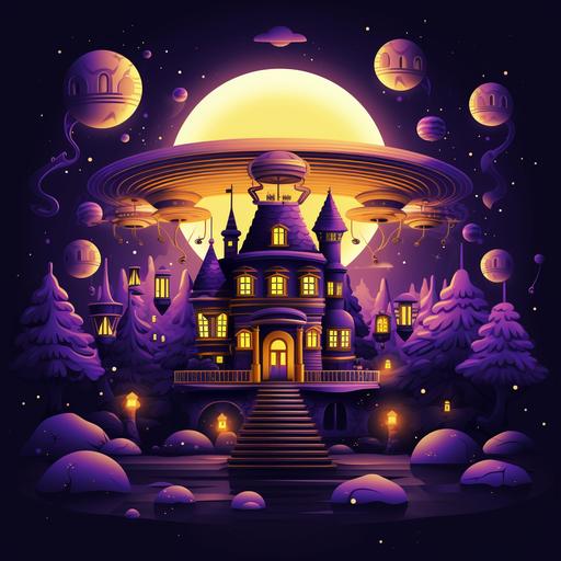https:// a dark and purple moody cartoon mansion build of gold, lots of wealth. ufo spaceship landing, made out of purple gold. space, planets, stars. cartoon style art, retro colors