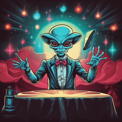 https:// a grey alien performing card magic at a magic show, on stage. cartoon style art, retro colors