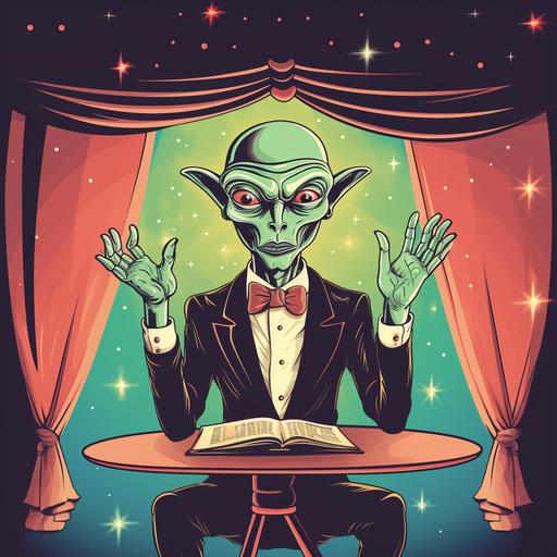 https:// a grey alien performing card magic at a magic show, on stage. cartoon style art, retro colors