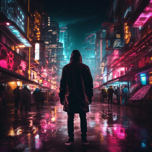 https:// a guy walking alone in the city, with his hood up, retro colors and city lights, dark gloomy night, bright neon signs